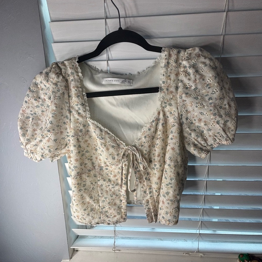 Altar'd State Cream Puff Sleeve Tie Front Blouse